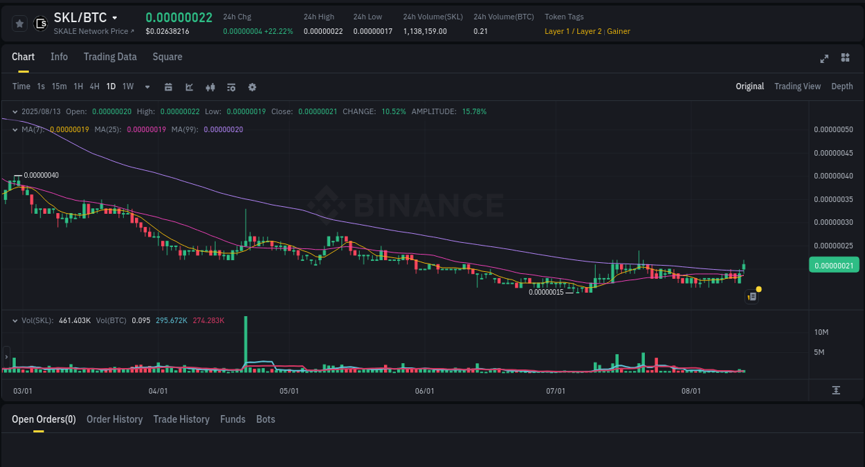 Trading performance: SKL pump analysis on Binance, 13 August 2025, 02:37