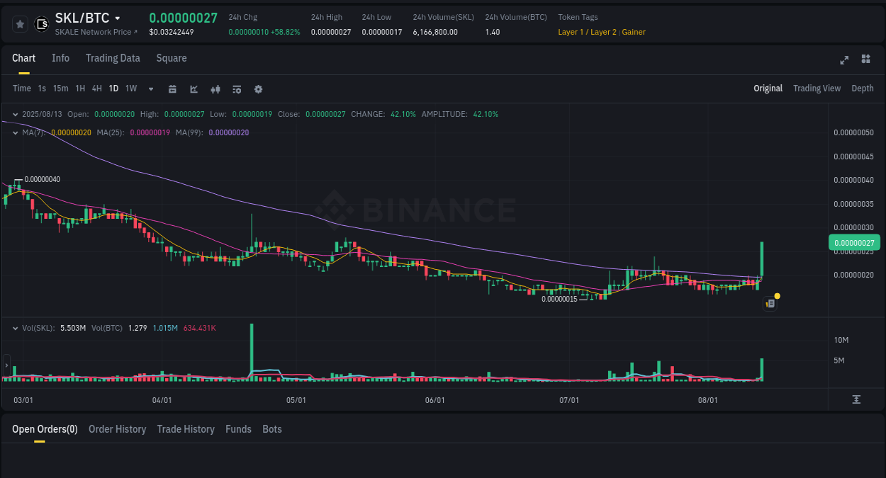 Binance pump report for SKL on 13 August 2025, 12:04