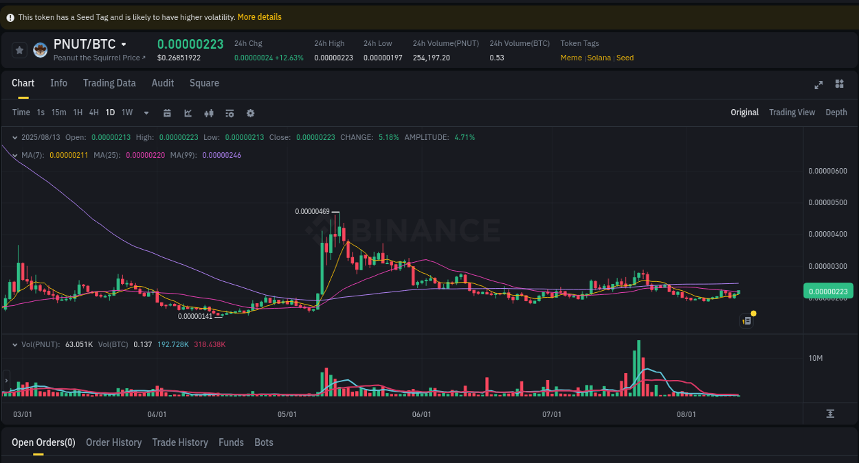 Report of PNUT pump on Binance at 13 August 2025, 12:31