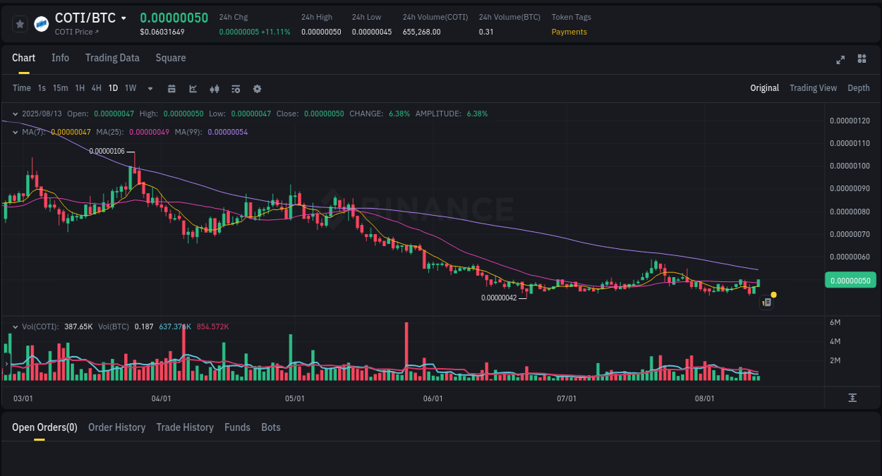COTI price surge report from Binance, timestamp: 13 August 2025, 13:40
