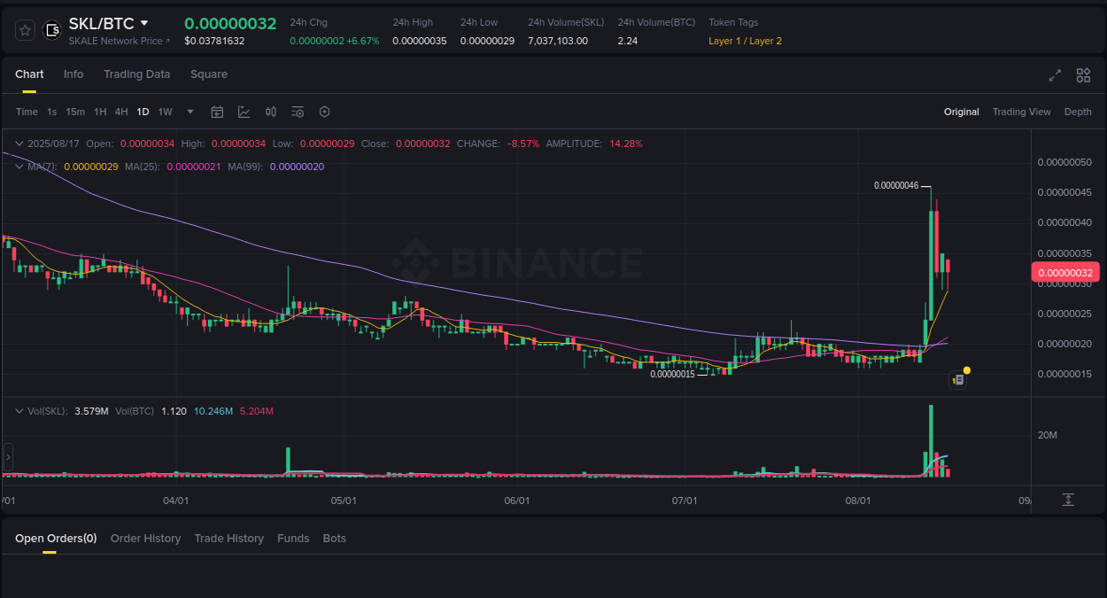 Real-time report of SKL pump on Binance, 17 August 2025, 17:32